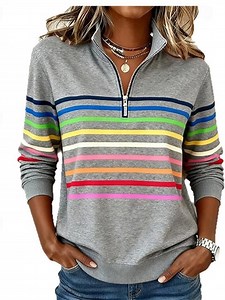 Women's Pullover Sweatshirt Plain Striped Elegant Warm Classic Long Sleeve V Neck Regular Tops Casual Home Work Patchwork Print Quarter Zip Green Dark Blue Grey Fall Winter 2025