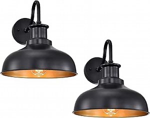 Outdoor Barn Lights, Farmhouse Outdoor Wall Sconces, Rustic Exterior Wall Mount Lights, Vintage Outside Lighting Fixtures, Industrial Black Gold Lanterns for Barn Shed Porch Garage Patio, 2 Pack
