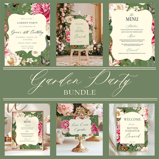 Garden Party Invitation and Sign Bundle, Party Signs, Floral Luncheon, Table Placecards, Modern Shower Set, Editable Invitation Download - Etsy