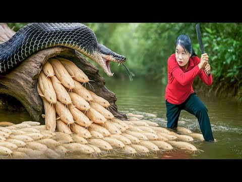 Catching Amazon White Catfish and Trapping River Fish – Suddenly Faced a Giant Python Attack!