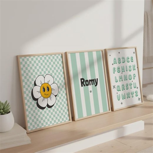 Custom Name Print Set of 3 : Green Poster for Girls - Etsy
