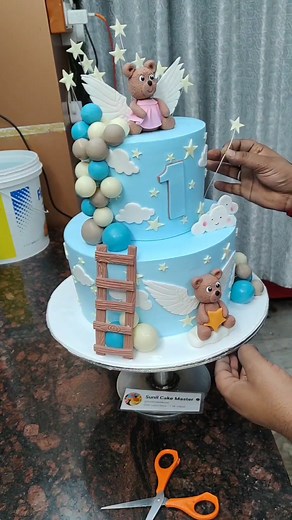 Angel Teddy Bear Cake for 1st Birthday 🎂 | Cute 2-Tier Baby Blue Cake Design | Sunil Cake Master