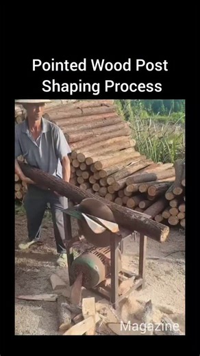 Industrial Magazine | 🪵 Pointed Wood Post Shaping Process This video shows a practical woodworking process where the end of a wooden log is shaped into a sharp,... | Instagram