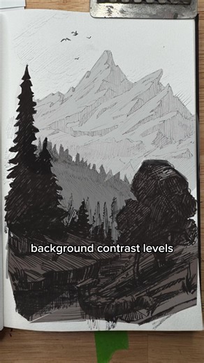 Tap link in bio to start the drawing drills course. Depth comes from contrast control, not detail. Objects in the distance need lower contrast and thinner lines. Foreground objects need darker, bolder lines. In this drawing, thin lines keep the background quiet, while heavier line weight pulls the foreground forward. All you have to do is divide the scene into background, midground, and foreground contrast levels. Once you do that, depth appears instantly. Drawing Drills trains line weight, cont