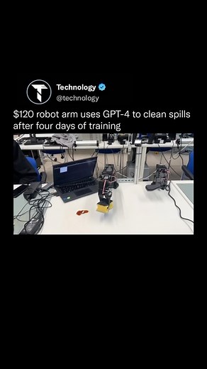 Technology on Instagram: "Researchers from UC Berkeley and ETH Zurich have demonstrated the potential of integrating large language models like GPT-4 into affordable robotics. They successfully trained a $120 robot arm to clean spills by developing a visual language model and conducting 100 demonstration actions over four days. 🎥: Jannik Grothusen/X"