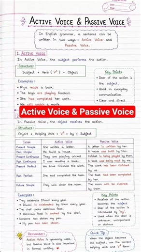 Active Voice & Passive Voice | Easy English Grammar Notes 📚 | Handwritten Classmate Notes