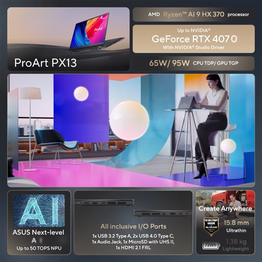 Your go-to 13-inch convertible laptop: #ASUS #ProArtPX13. Packed with the latest 50 TOPS AMD Ryzen AI 9 HX 370 processor along with the GeForce RTX 4070 Laptop GPU, providing powerful graphics and 321 TOPS #AIPC performance. 💪 👉Product details: https://asus.click/px13_fb | ASUS