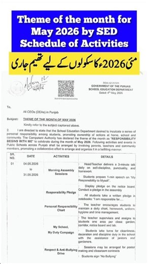 Theme of the month May | Responsibility Begins With Me | Notification by SED Punjab