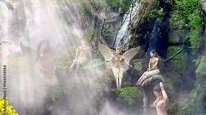 4K footage of beautiful sun rays and sun light from above, with the statues of angels,waterfall from rockly cliff behind, Outdoor garden waterfall with sunrays, fog, mist, and angels. Surreal feeling