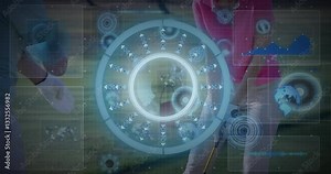 Golfers preparing to swing with digital data processing animation overlay
