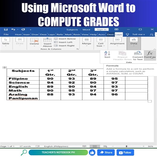 4.8K views · 50 reactions | Using Microsoft Word to compute grades #Microsoft #microsoftWord #microsoftwordtips #microsoftwordskills #microsoftwordtutorial #grades #ComputeGrades | Teacher's Notebook PH | Facebook
