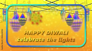 happy diwali and celebrate the lights greetings on blur shape and decorated background. diwali greetings animation.