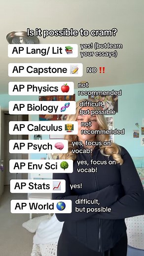 Lucy | AP & High School Academics on Instagram: "I don’t typically recommend cramming for your AP exams, but I understand you guys are very busy during this time so sometimes cramming is a necessity! That being said, here are some APs and whether or not it’s possible to cram for them and still be successful on the exam!! When you study the RIGHT way, even a little time spent studying can go a really long way! For some of my exam strategies and breakdowns, check out my collaboration study templat