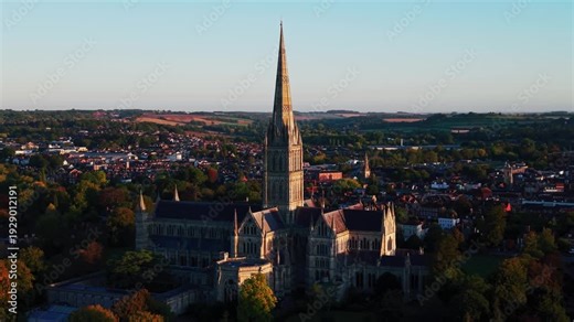 Drone aerial shot of Salisbury Cathedral dominating the skyline of the historic city of Salisbury in Wiltshire England during warm evening light.
