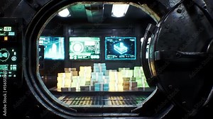 Round vault door ajar revealing stacks of cash and screens inside