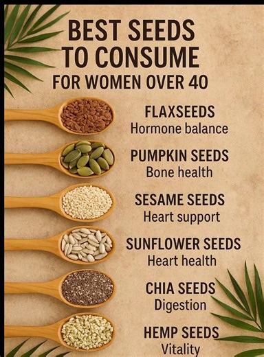 Chia seeds - 2 tablespoons For fibre, hydration, and omega-3s, seeds are indeed small but mighty. Women over 40 can benefit from incorporating seeds into their daily routine, supporting hormone balance, bone health, heart health, skin health, and digestion. Here are six of the best options: Flaxseeds for hormone balance, Pumpkin seeds for magnesium and strong bones, Sesame seeds for calcium and heart support, Sunflower seeds for vitamin E and thyroid health, Chia seeds for fibre and gut health, 