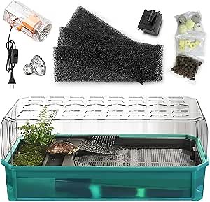 AZV Turtle Tank Aquarium Kit, Turtle Habitat Starter Terrarium, Aquatic Tortoise Enclosure with Lid, Bottom Filter, Multi Function Areas, Drainage, Basking Platform Lamp for Pet Turtles Crabs Reptiles