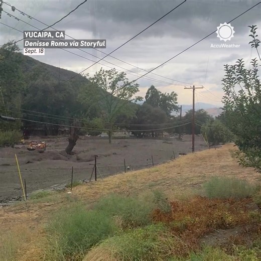 A roaring torrent of mud and debris surged through Oak Glen, California, after torrential rain triggered flash flooding. | AccuWeather