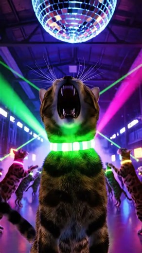 feral cat warehouse rave with neon lasers and chaos 😭🐱🎧