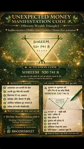 Rishika Vasvani on Instagram: "✨ UNEXPECTED MONEY MANIFESTATION CODE ✨ (Shreem Wealth Triangle) 🔺💫 Are you ready to activate sudden income, hidden opportunities & unstoppable money flow? 🌟 🔱 ACTIVATION CODE SHREEM 520 741 8 This powerful wealth code works on divine energy to unlock blocked finances and attract unexpected money from the universe 💸✨ 🌿 BENEFITS ✔ Sudden money gains ✔ Recovery of stuck or delayed payments ✔ New income & business opportunities ✔ Growth in sales & clients ✔ Remo