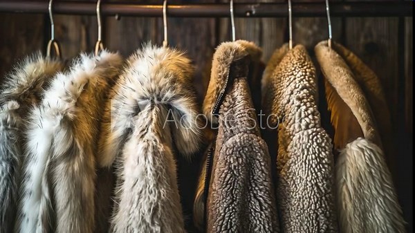 Collection of antique fur coats hanging for sale or display in a vintage clothing shop.