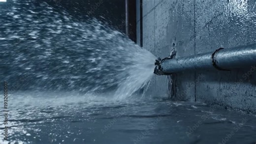 Bursting Water Pipe \'96 plumbing leak emergency splash, realistic interior basement setting with an exposed metal pipe along a concrete wall suddenly rupturing, high-pressure water spraying