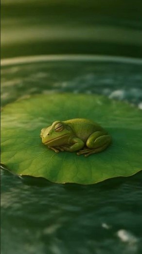 Frog’s Startled Awakening 🐸💦-Peacefully napping… until a falling “meteor rock” hits the leaf! 😳🌕