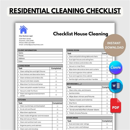 Residential House Cleaning Checklist | Editable in PDF, Canva & Microsoft Word | Professional Cleaning Service Tool | Instant Download - Etsy