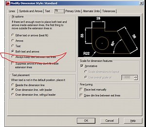 Having trouble getting dimension arrow inside of figure instead of outside.