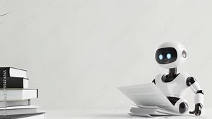 Small educational robot reading documents in a minimalist setting, symbolizing the future of AI in education. Technology and learning