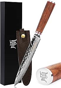 YOUSUNLONG Sashimi Knives 8 inch Carving Knives Sushi Knives Japanese Hammered Damascus Steel Natural Walnut Wooden Handle with Leather Sheath
