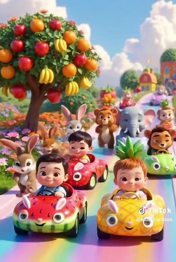 Kids Ride in Strawberry and Watermelon Cars with Animals