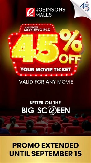 Quick! Secure your spot before it’s too late! Catch your favorite films at 45% OFF only at select Robinsons Movieworld branches! 🎬 📍 Where to watch: ✅ Robinsons Galleria ✅ Robinsons Las Piñas ✅ Robinsons Starmills ✅ Robinsons Gapan ✅ Robinsons Ilocos ✅ Robinsons Roxas ✅ Galleria Cebu ✅ Robinsons Butuan 📌 Promo Details: 🎟 Valid until Sept 15 🚶 Walk-in purchases only ❌ Not valid for advance, special & block screenings, or theater rentals ✨ Terms and conditions apply. #BetterOnTheBigScreenAtRM
