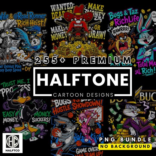 255  Halftone Cartoon Designs PNG Bundle - Black T-shirt DTG Printing - Etsy