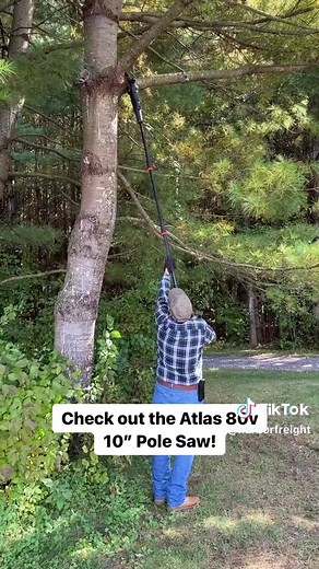 The Atlas 80v Brushless Cordless 10” Pole Saw extends to 9 ft. for up to 15 ft. overhead reach, making it easy to prune and limb high branches. #chainsaw #polesaw