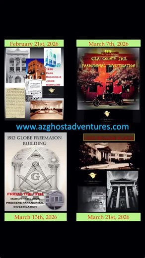 Here are our next 4 upcoming Paranormal Investigations. Our FRIDAY THE 13th Investigation will be our Premiere Guest/Investigation at the Globe Freemason's Building (with reservation spots limited - So you may want to RSVP sooner than later!). Visit our website to learn more and to RSVP. Visit our Social Media sites to see some of the evidence we have recorded at these and other amazing locations! *As always, First Responders/Military will receive a 10% discount at time of reservation. #azghosta
