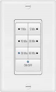 Maxxima 1875 Watt 7 Button Countdown Timer Switch - Maximum 60 Minutes Delay, 1/2 HP for Bathroom Exhaust Fans, Indoor Automated Lighting, Featuring LED Indicator Lights, Wall Plate Included