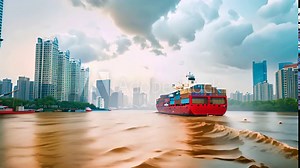 a red cargo ship carrying containers sails past a great flood of cit