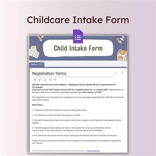 Google Form Child Intake Template Digital Childcare Enrolment Information Form Online Daycare Intake Registration Document Nursery Admission - Etsy