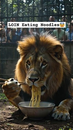A Real Lion Eats Noodles with Chopsticks! 🦁🍜 Unbelievable Zoo Moment #loin #viral #ai #fypシ