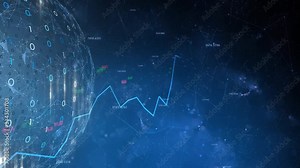 Business info graphic animation with binary numbers inside rotating sphere in a motion cyberspace background.