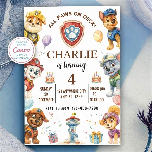 Puppy Patrol Birthday Invitation Template, Kids Paw-ty, Editable Canva (instant Download) - Etsy