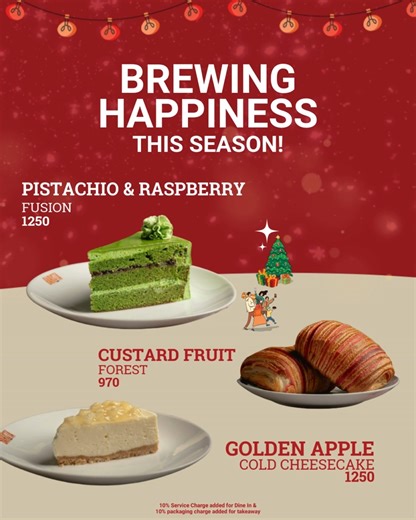 Barista Sri Lanka on Instagram: "Unwrap the sweetness of the season with our festive dessert creations 🎄✨ Crafted to delight every celebration, our Pistachio & Raspberry Fusion, Custard Fruit Forest, and Golden Apple Cold Cheesecake bring rich flavors and holiday indulgence to every bite 🍰💚🍎 Create your season of joy one dessert at a time. ✨ Available now at all our outlets 📲 Order online via Uber Eats and PickMe for a festive treat delivered straight to you #BrewingHappiness #FestiveIndulg
