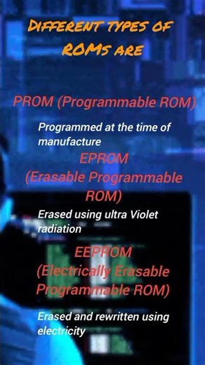 programmable ROM, errasable programmable ROM, electrical erasable programmable ROM, important topic.
