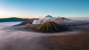 Hyper lapse of Mount Bromo volcano (Gunung Bromo) during sunrise in Bromo Tengger Semeru National Park, East Java, Indonesia.
