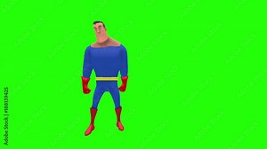 Happy animated superhero strongman cartoon character makes series of sighing gestures multiple times in front of green screen background