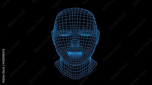 3D Wireframe Render of human face speaking. Use for digital innovation or artificial intelligence concept.