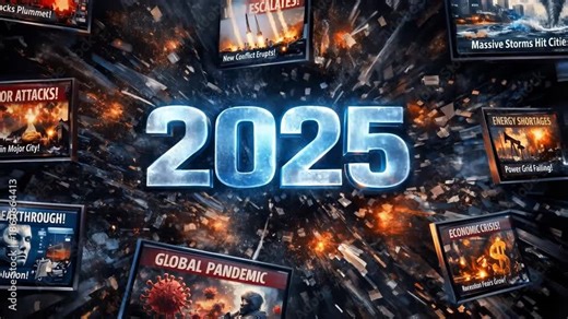 Catastrophic events and technological advancements in year 2025. Montage of news headlines including market crash, war, and pandemic