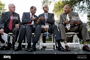 NO FILM, NO VIDEO, NO TV, NO DOCUMENTARY - From left to right: 1968 Olympic medalists Peter Norman, of Austrailian, Lee Evans, John Carlos and Tommie Smith look on during the statue unveiling ceremony at San Jose State University in San Jose, California, USA, on October 17, 2005. The University unveiled at statue honoring the protest by of San Jose State sprinters Tommie Smith and John Carlos during the 1968 Mexico Olympic medal ceremony. Photo by Jim Gensheimer/San Jose Mercury News/KRT/Cameleo
