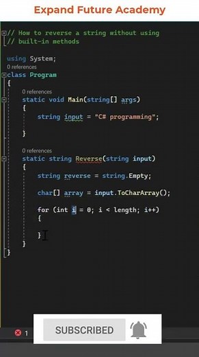 C# Programmers FAQ - 18 - Reverse a string without built-in method #ExpandFutureAcademy #shorts